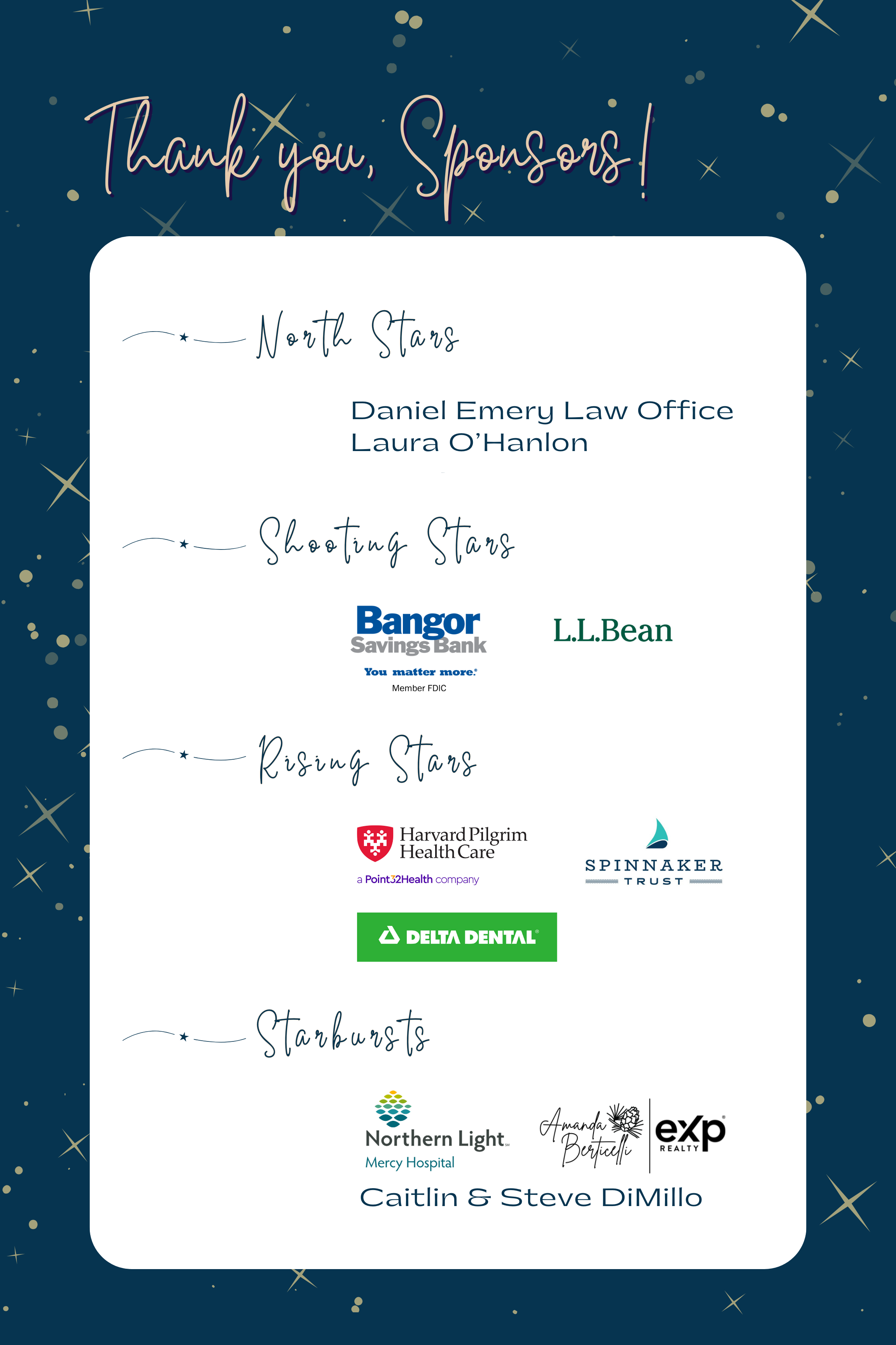 A thank you to our sponsors for Stories under the Stars. A white box overlayed on a blue and gold starry background, with the names and logos of varying levels of sponsors for this event.