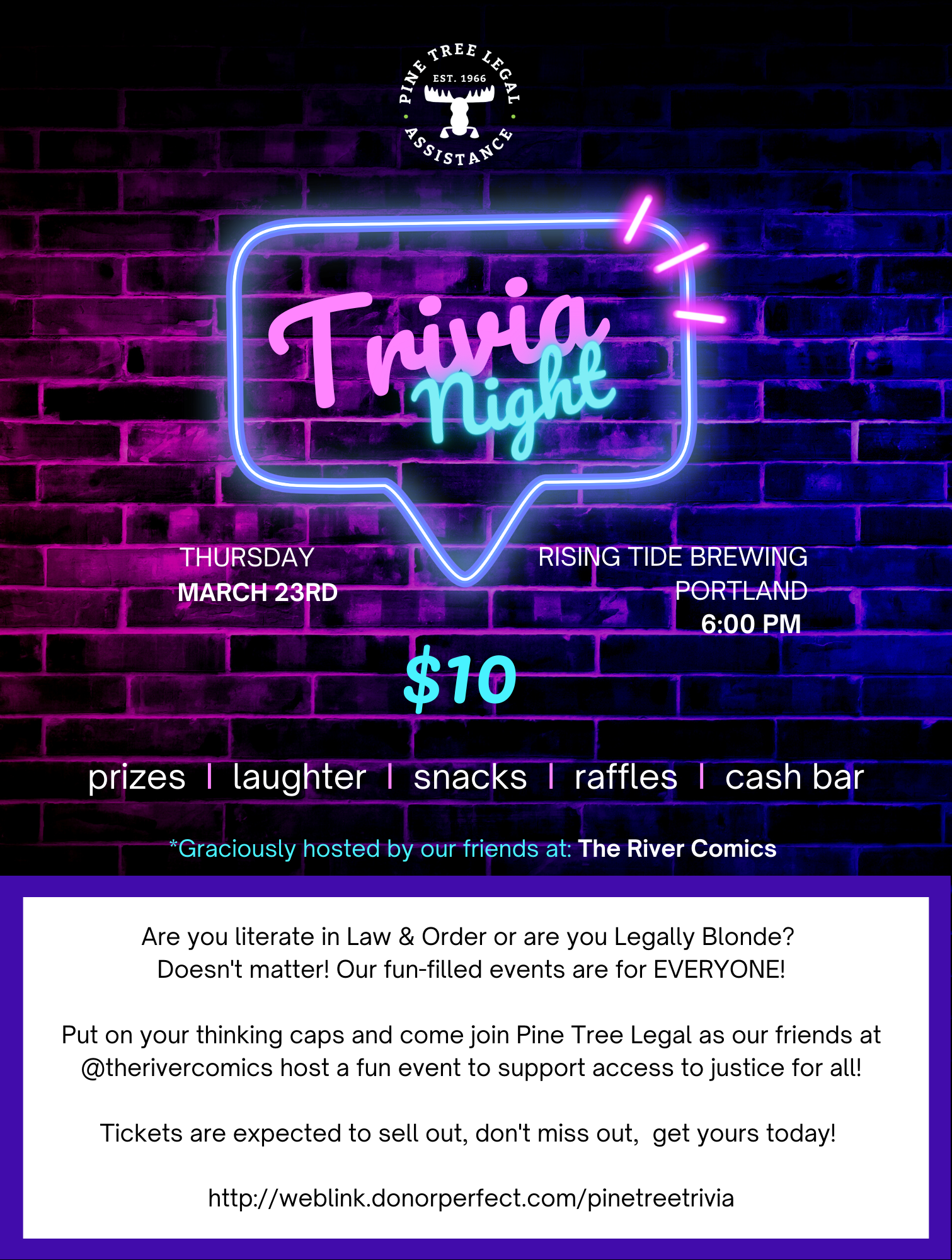 A poster for the Trivia Night for Justice event, featuring a blue and pink neon sign style title and event information (which is also covered in text below)
