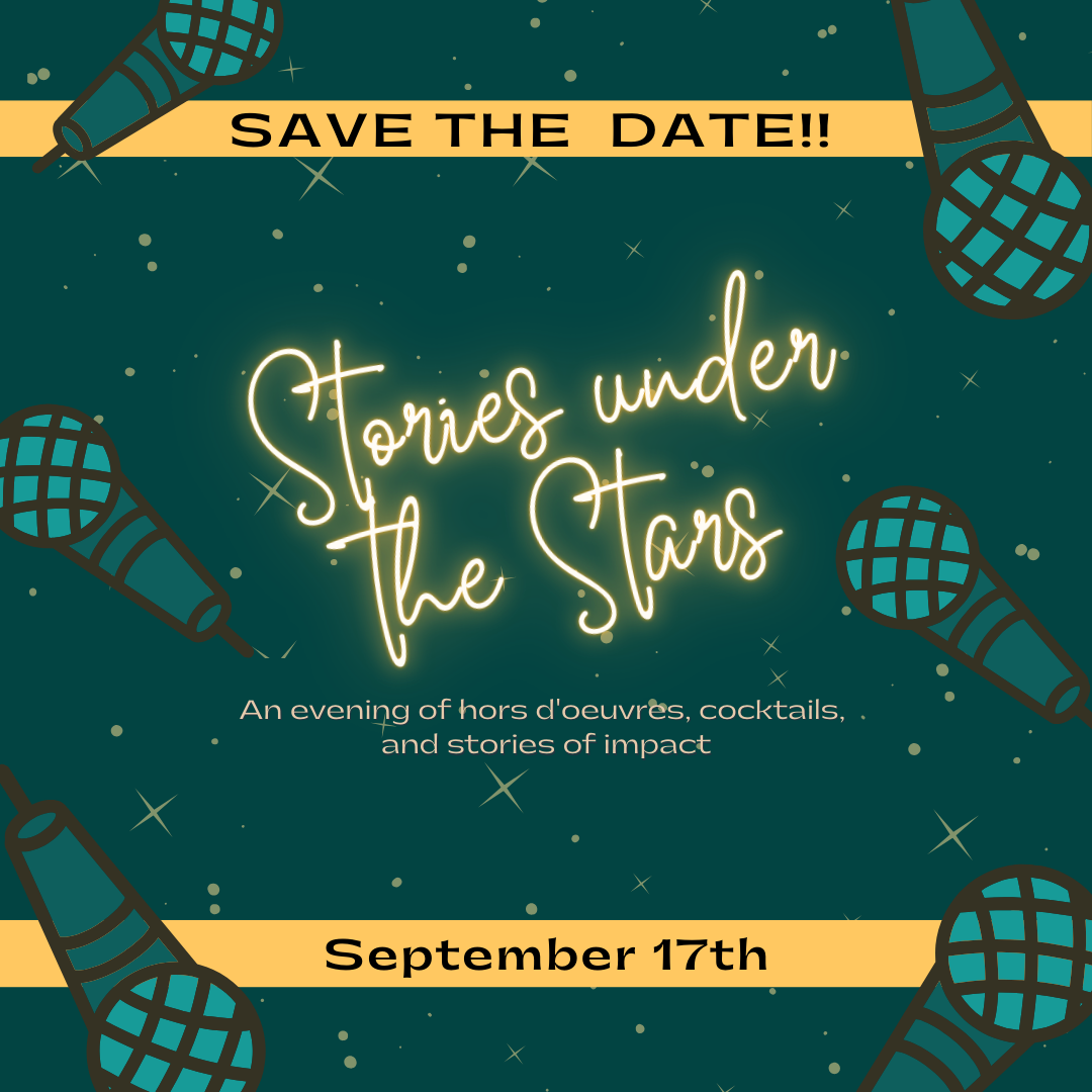 A save the date poster for an upcoming PTLA event, Stories under the Stars. Text reads "Save the date, September 17th! - Stories under the Stars, an evening of hors d'oeuvres, cocktails, and stories of impact."