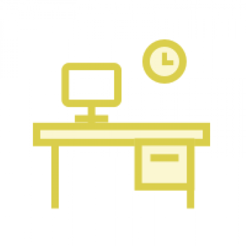 A yellow line-drawing of an office desk, with a computer monitor and a clocl. 