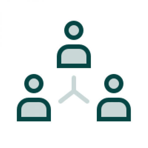 A dark green line-drawing of three icons representing human, connected by three lines.